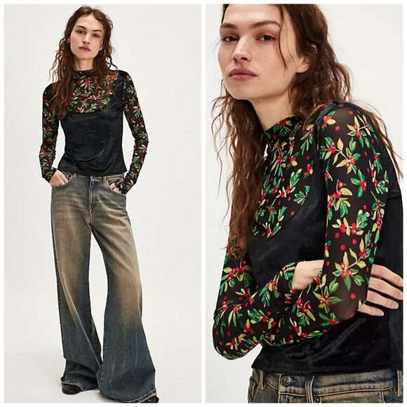 Free People Intimately Floral Mesh Velvet Mix Top Sheer Holiday S holly - Picture 1 of 9